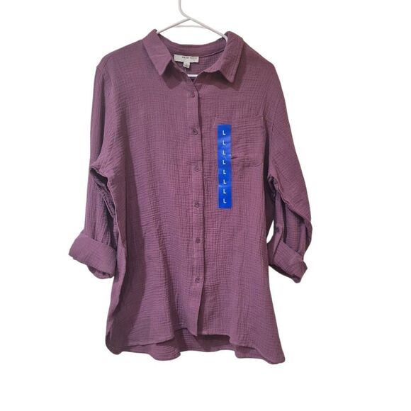Anne Klein Women's Plum Cotton Gauze Button Down Shirt NEW NWOT - Picture 2 of 14